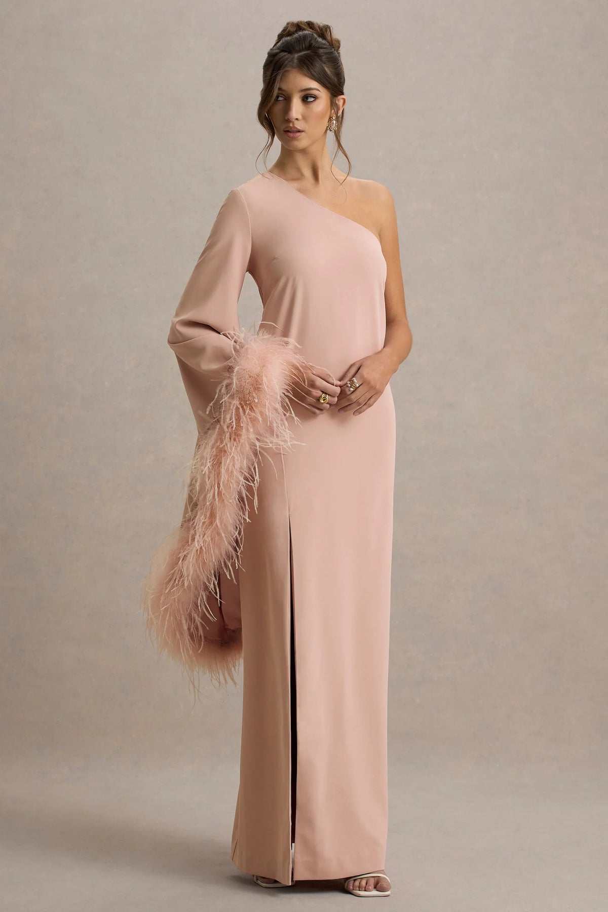 Armina Blush Pink One Shoulder Feather Trim Maxi Dress