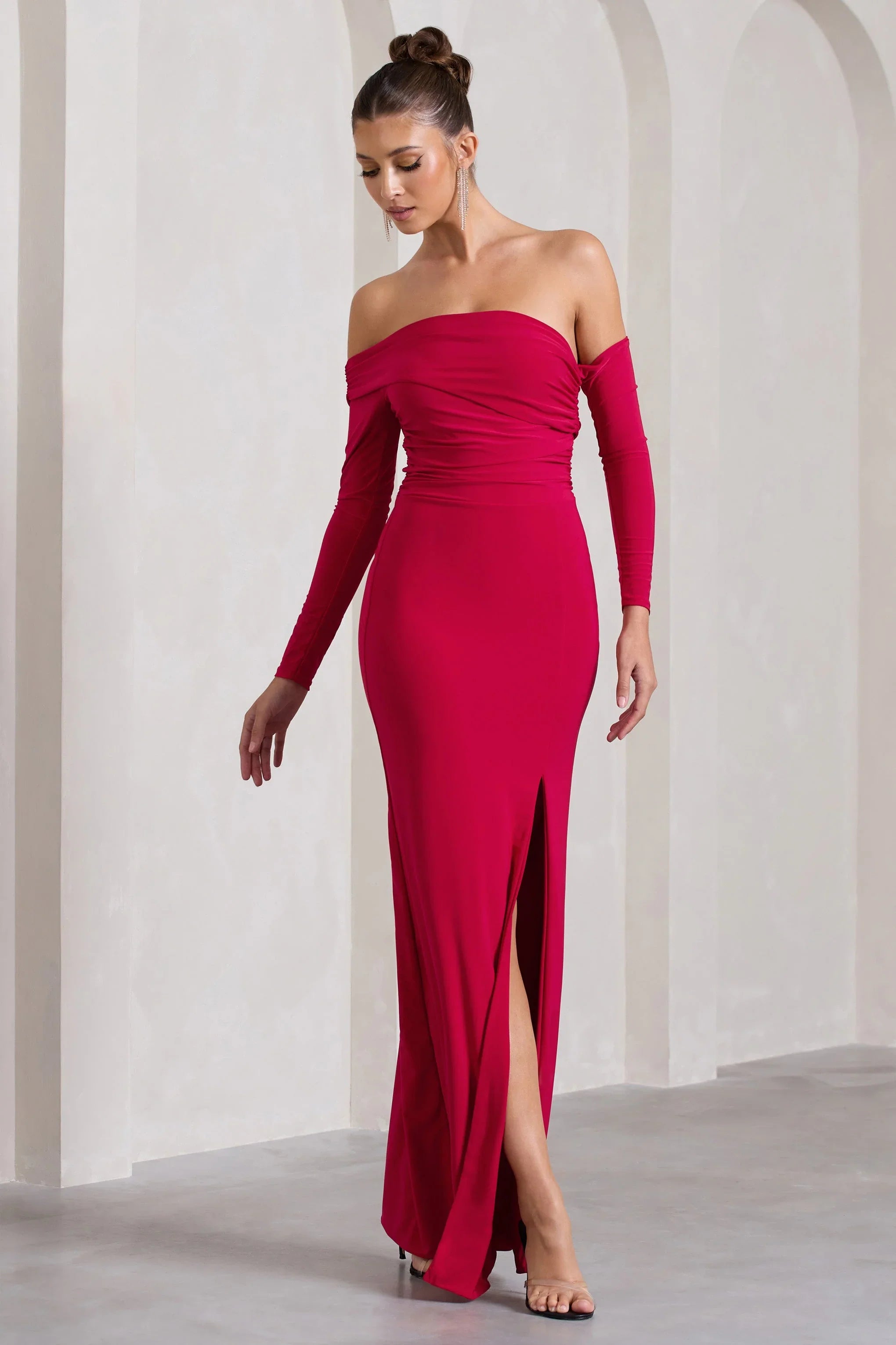 Stand Out Red Bardot Ruched Maxi With Sleeves And Side Split