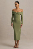 Spark Olive Bardot Neck Midi Dress With Bow Detail