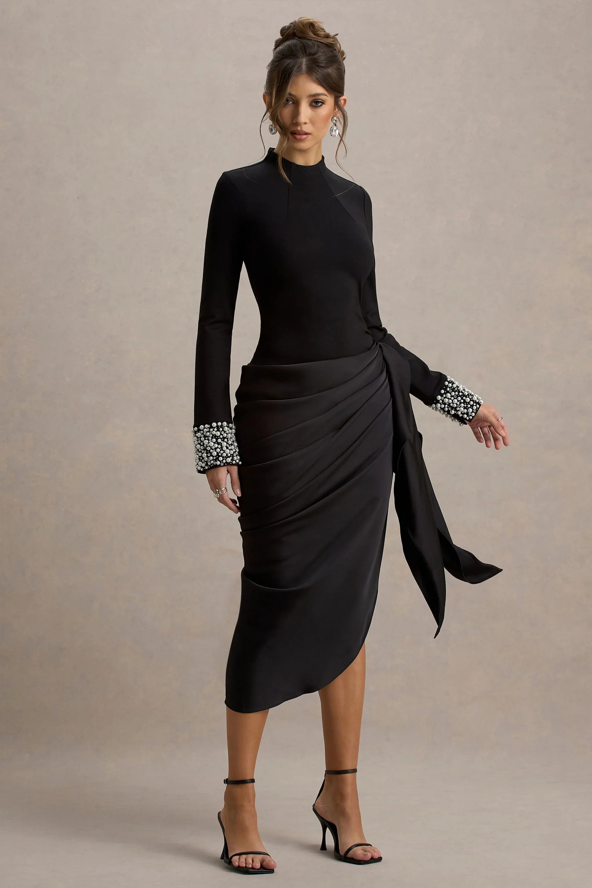 Luanna Black Satin Long Sleeve Midi Dress With Draped Skirt And Embellised Cuffs
