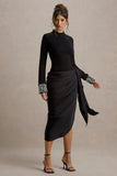 Luanna Black Satin Long Sleeve Midi Dress With Draped Skirt And Embellised Cuffs
