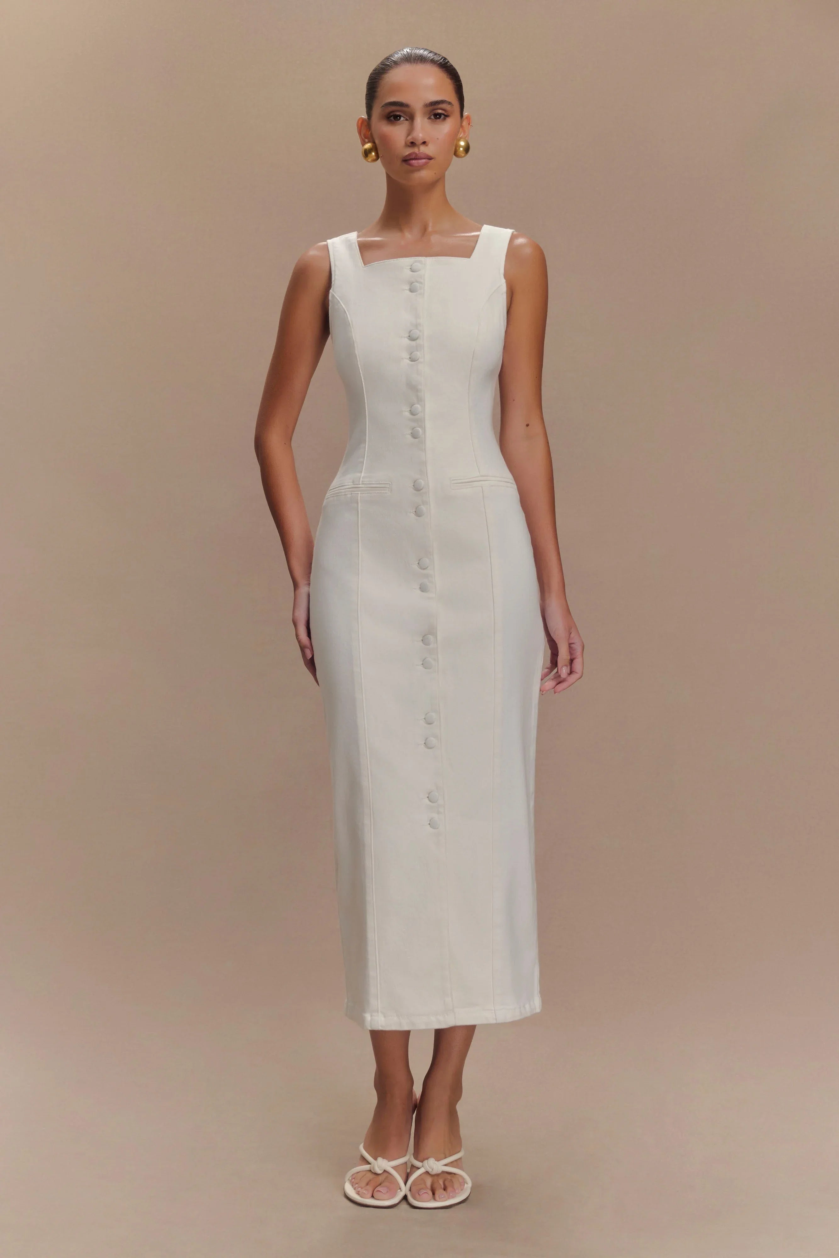 Reyna Denim Midi Dress White