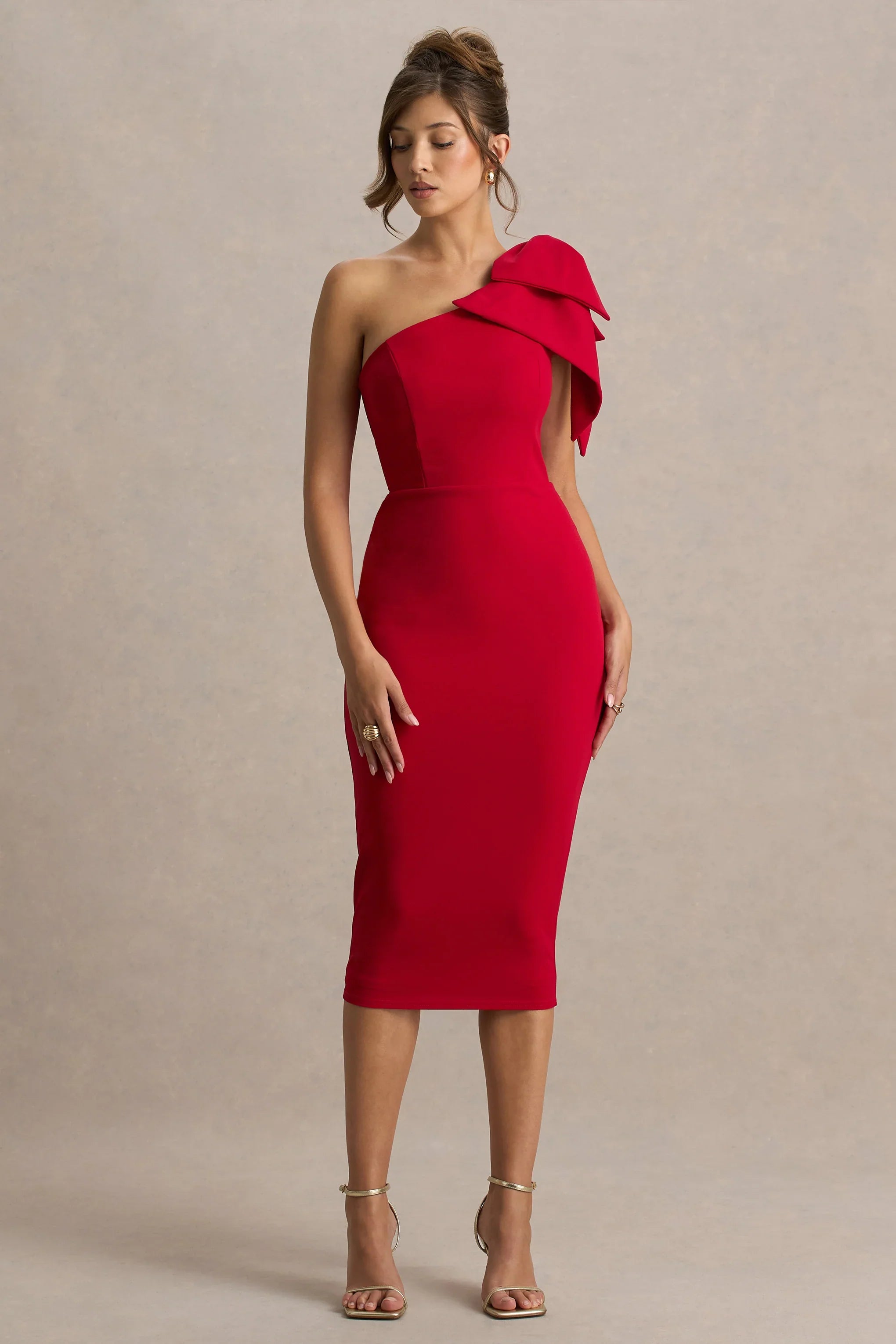 Ambretta Red One Shoulder Midi Dress With Bow