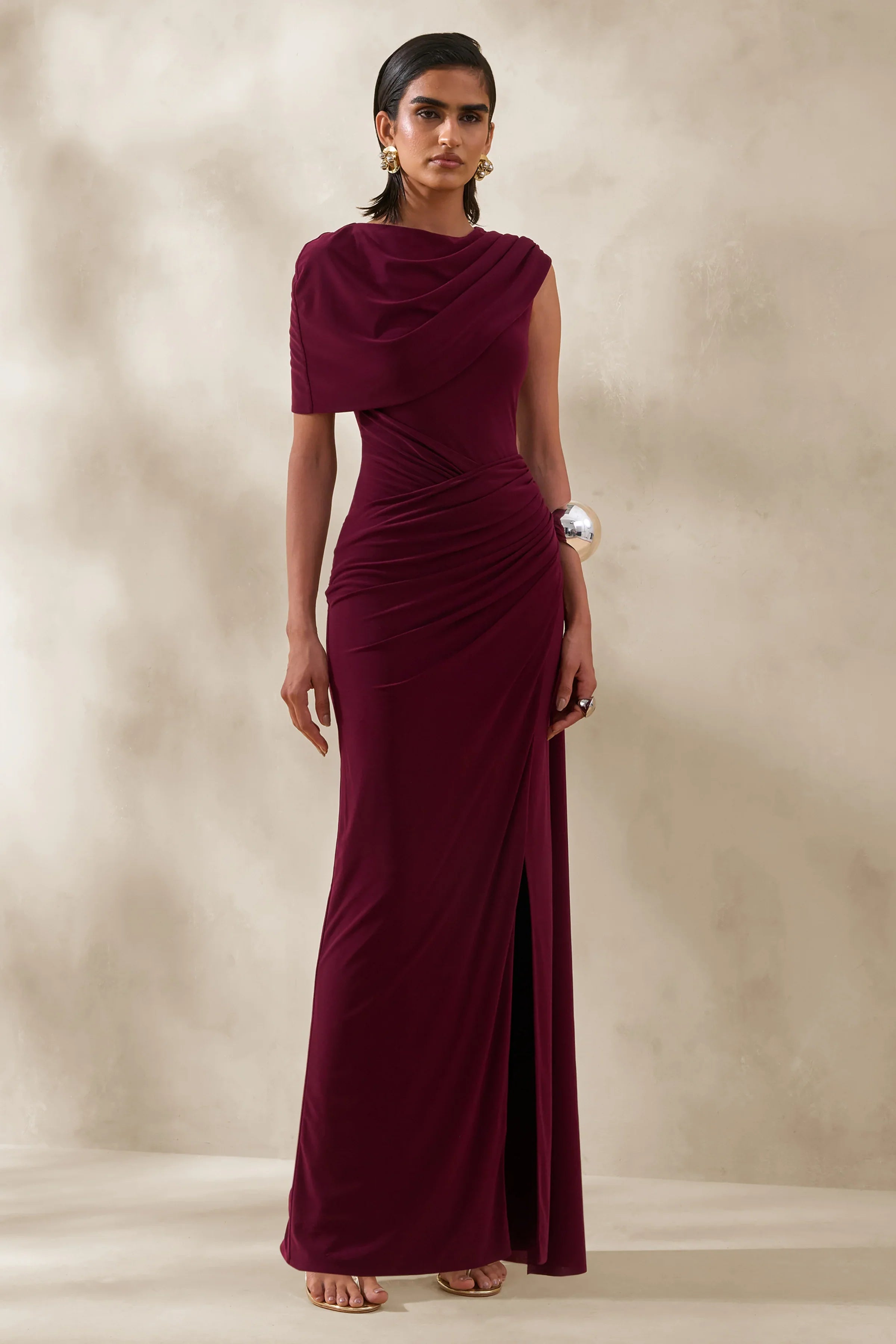 Palomara Burgundy Round Neck Maxi Dress With Sash And Front High Split