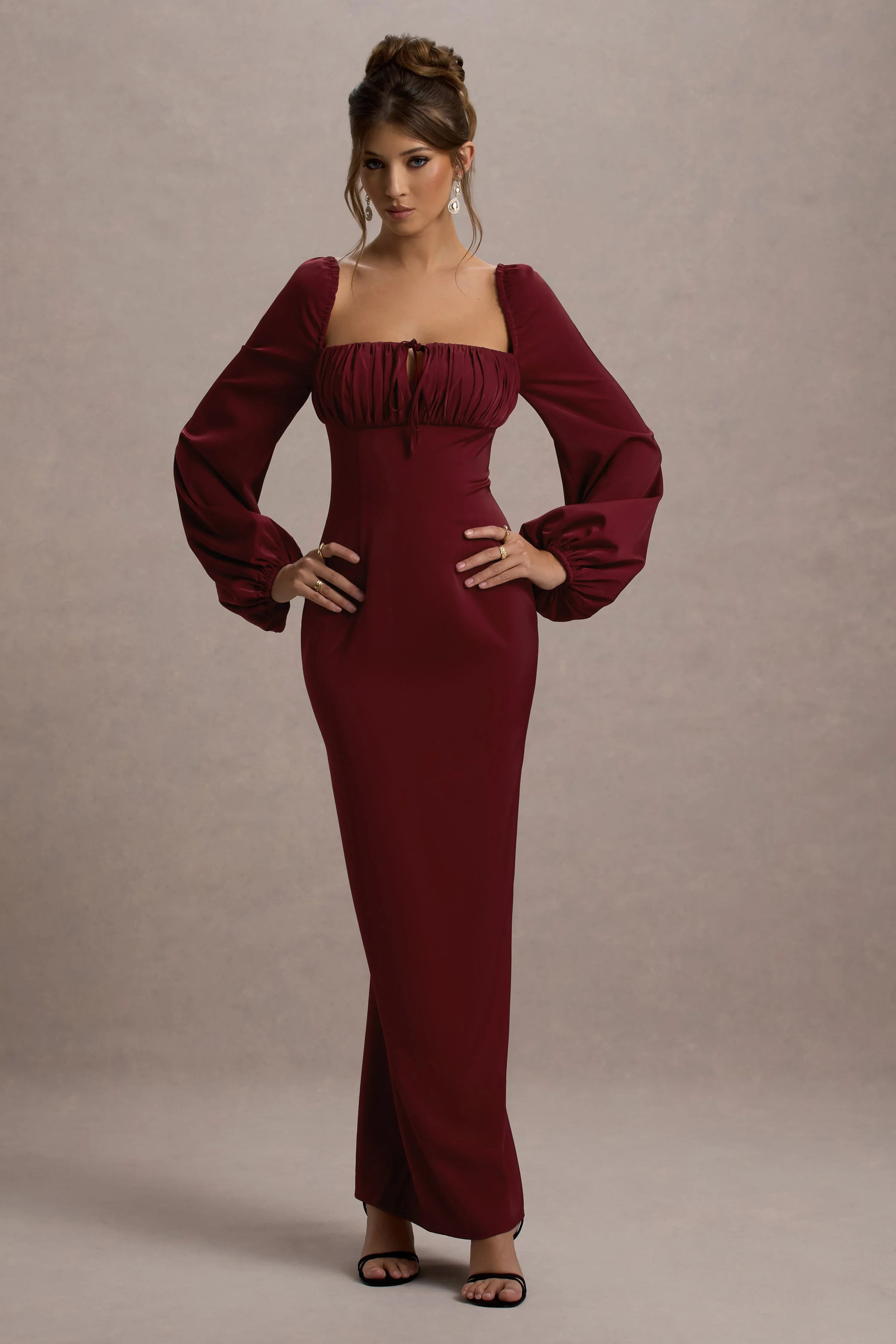 Nika Berry Satin Square Neck Balloon Sleeve Maxi Dress