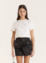 White Embellished Woven Crop T Shirt