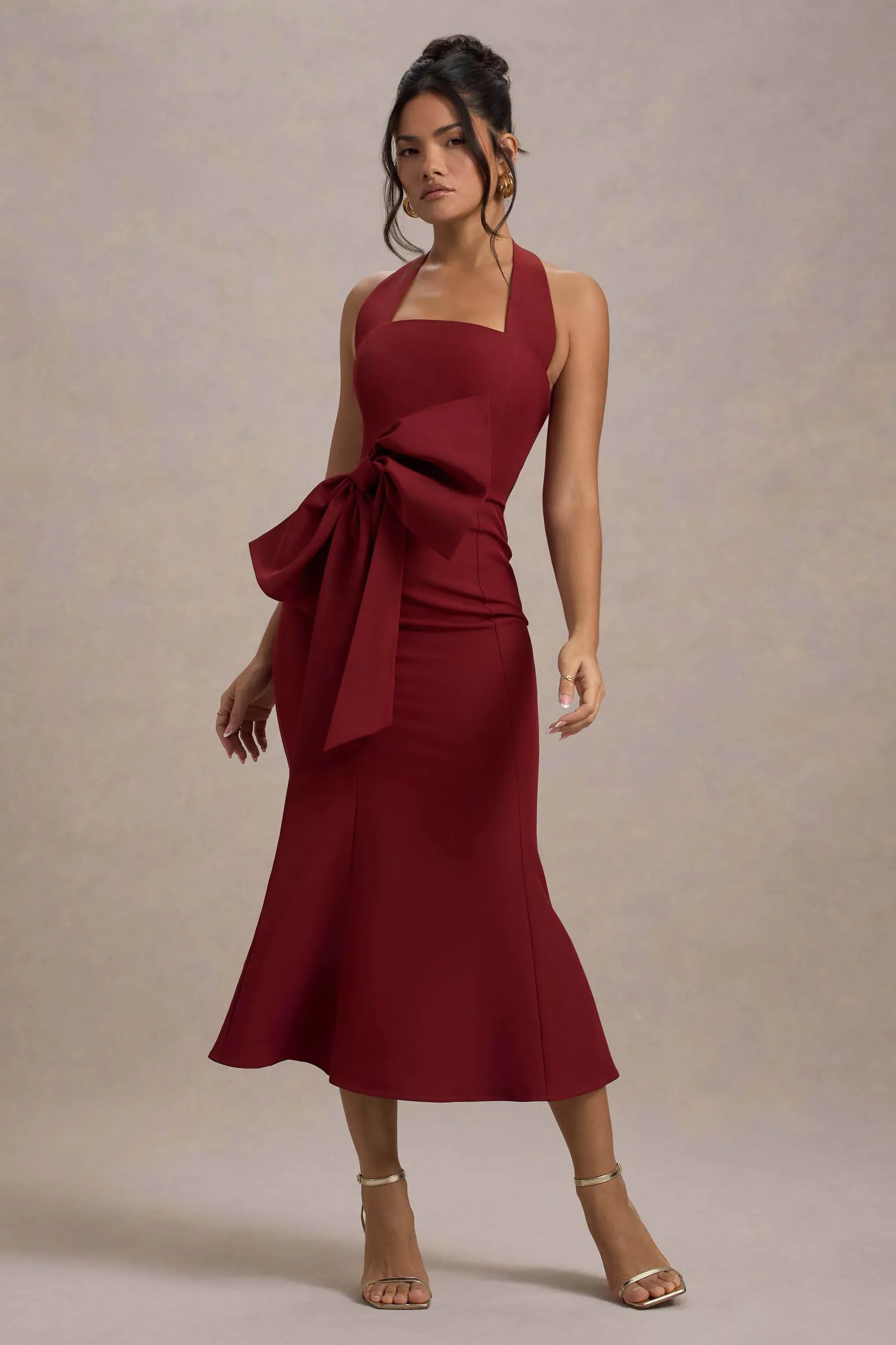 Aman Berry Halter Neck Midi Dress With Oversized Bow