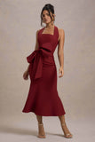 Aman Berry Halter Neck Midi Dress With Oversized Bow