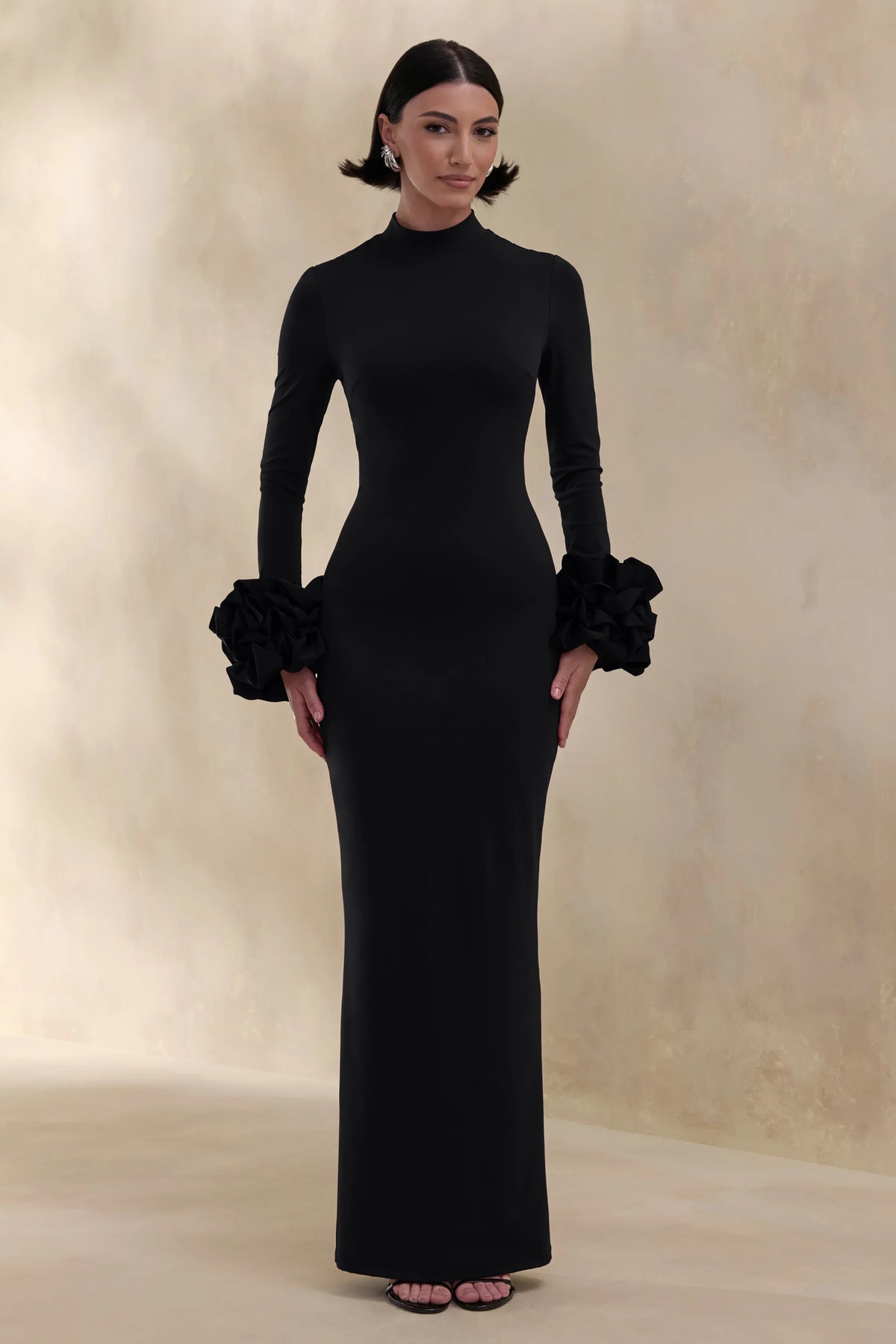 Jaselle Black High Neck Maxi Dress With Ruffled Satin Cuffs