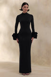 Jaselle Black High Neck Maxi Dress With Ruffled Satin Cuffs