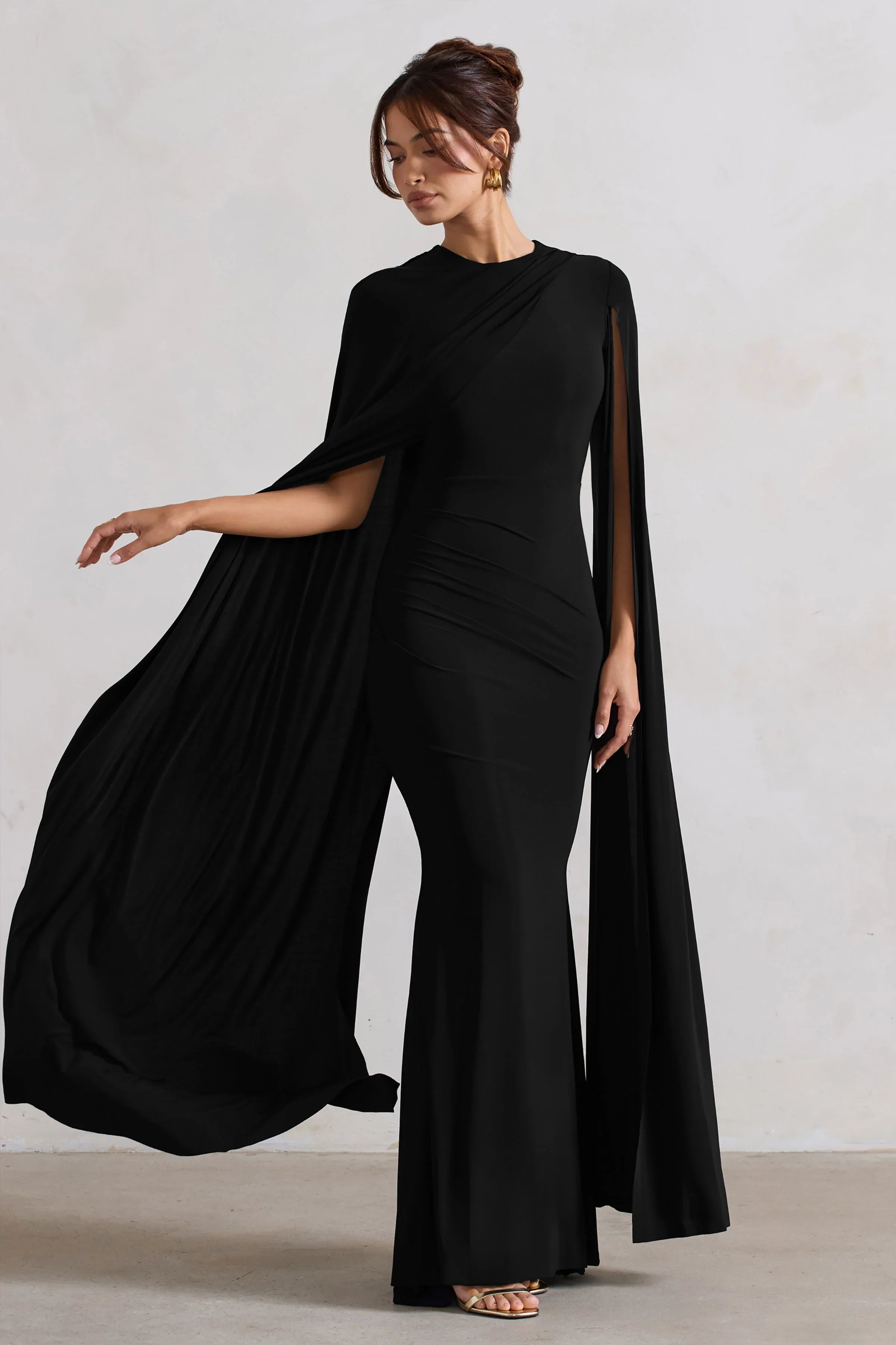 Magdelena Black Asymmetric Cape Maxi Dress
