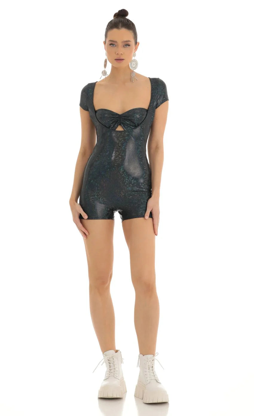 Holographic Cutout Romper in Black Multi