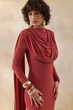 Lysoria Rust High Neck Maxi Dress With Draped Detailing And Cape Sleeves