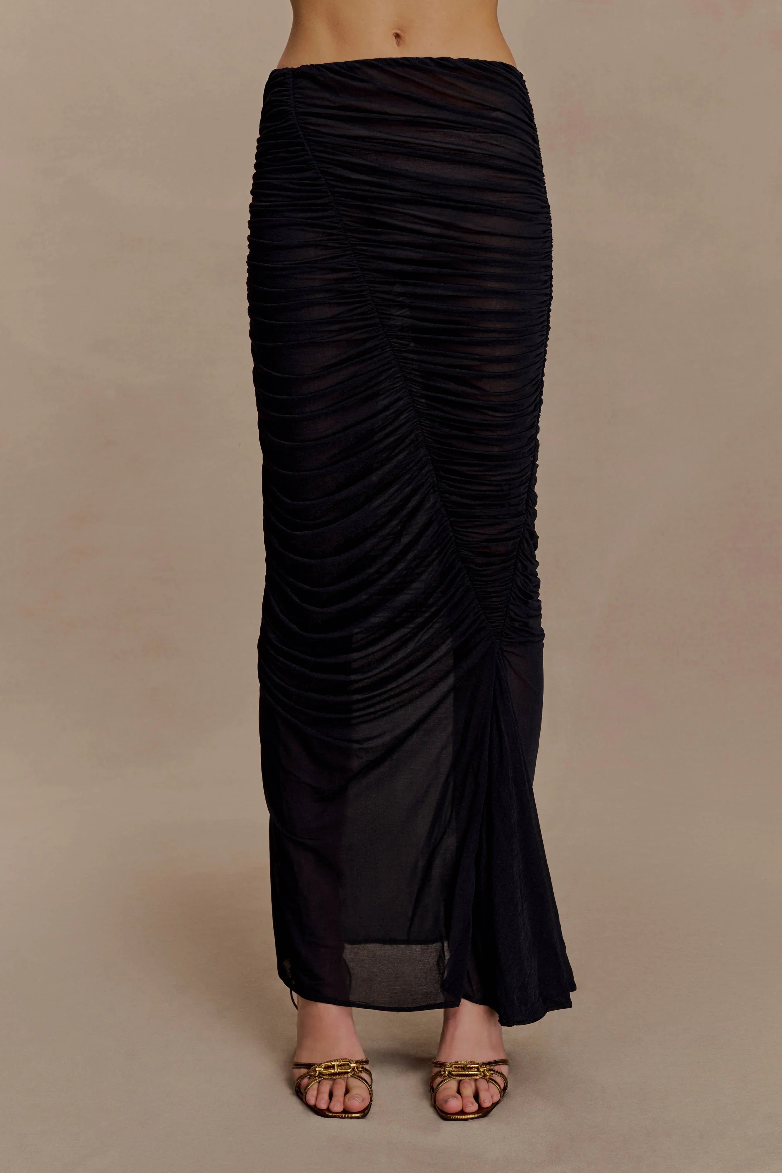 Matilda Ruched Mesh Maxi Skirt Black