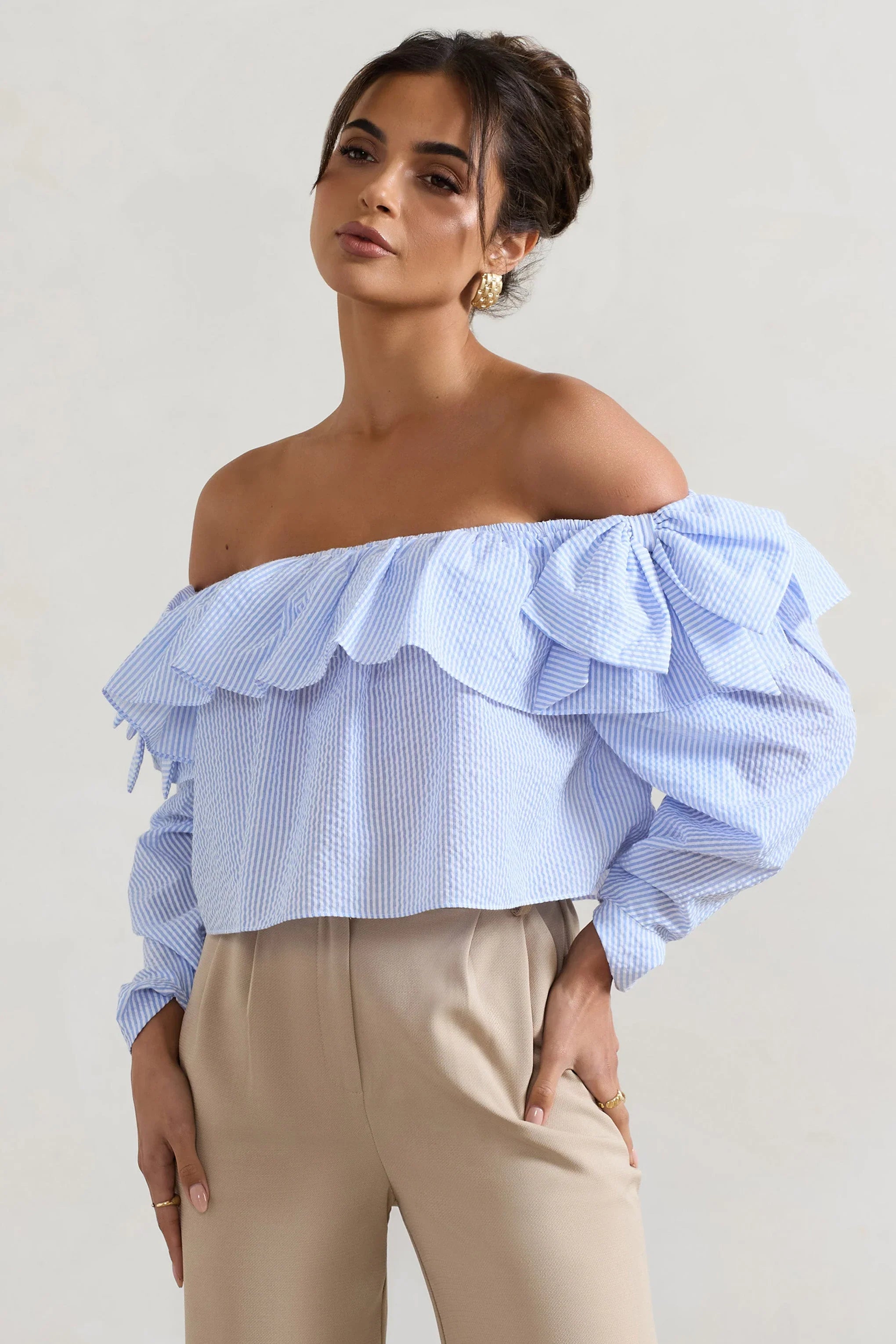 Harbour Blue Pinstripe Bardot Puff Sleeve Top With Bows