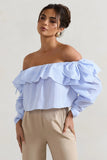Harbour Blue Pinstripe Bardot Puff Sleeve Top With Bows