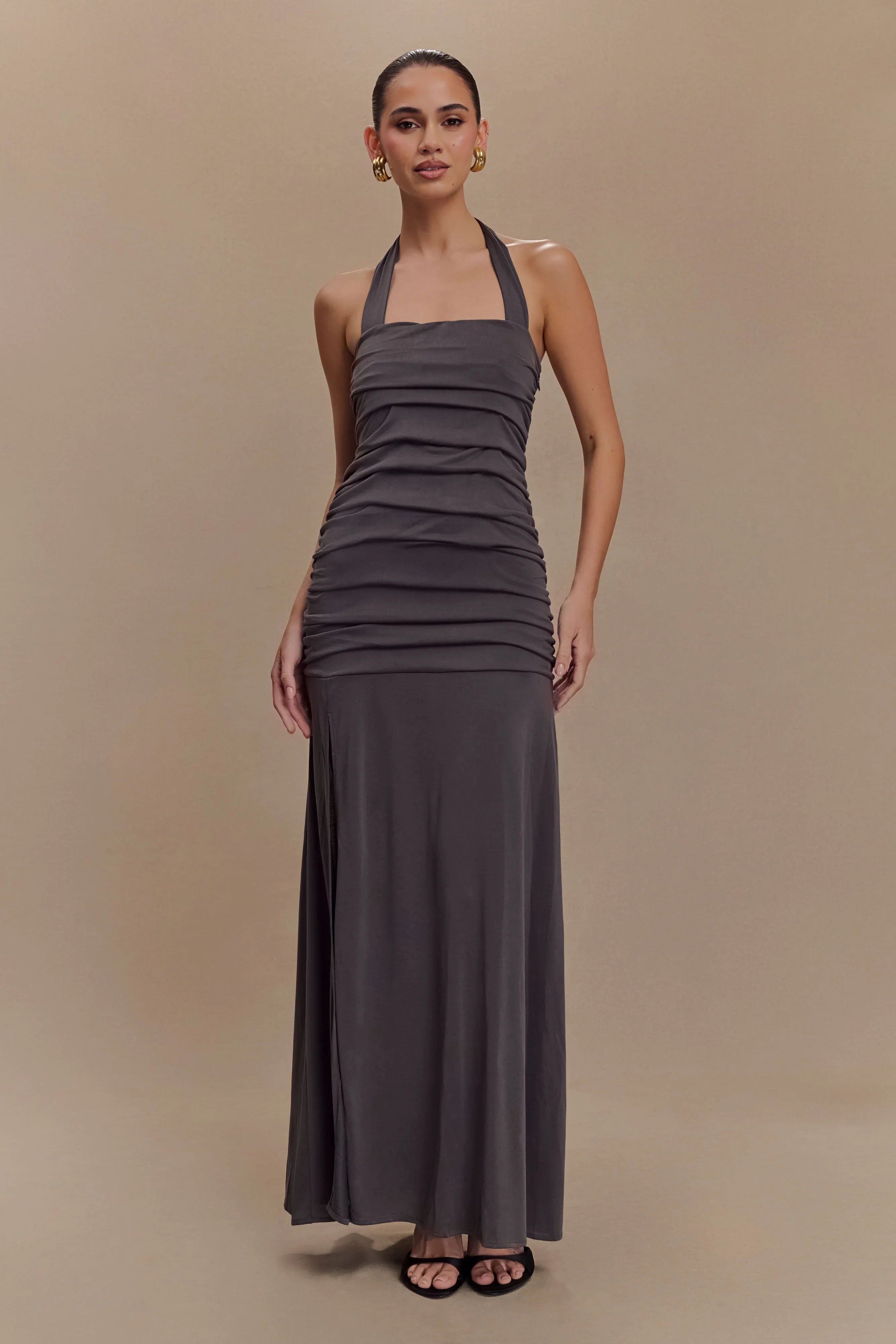Bentley Peached Jersey Halter Maxi Dress Charcoal