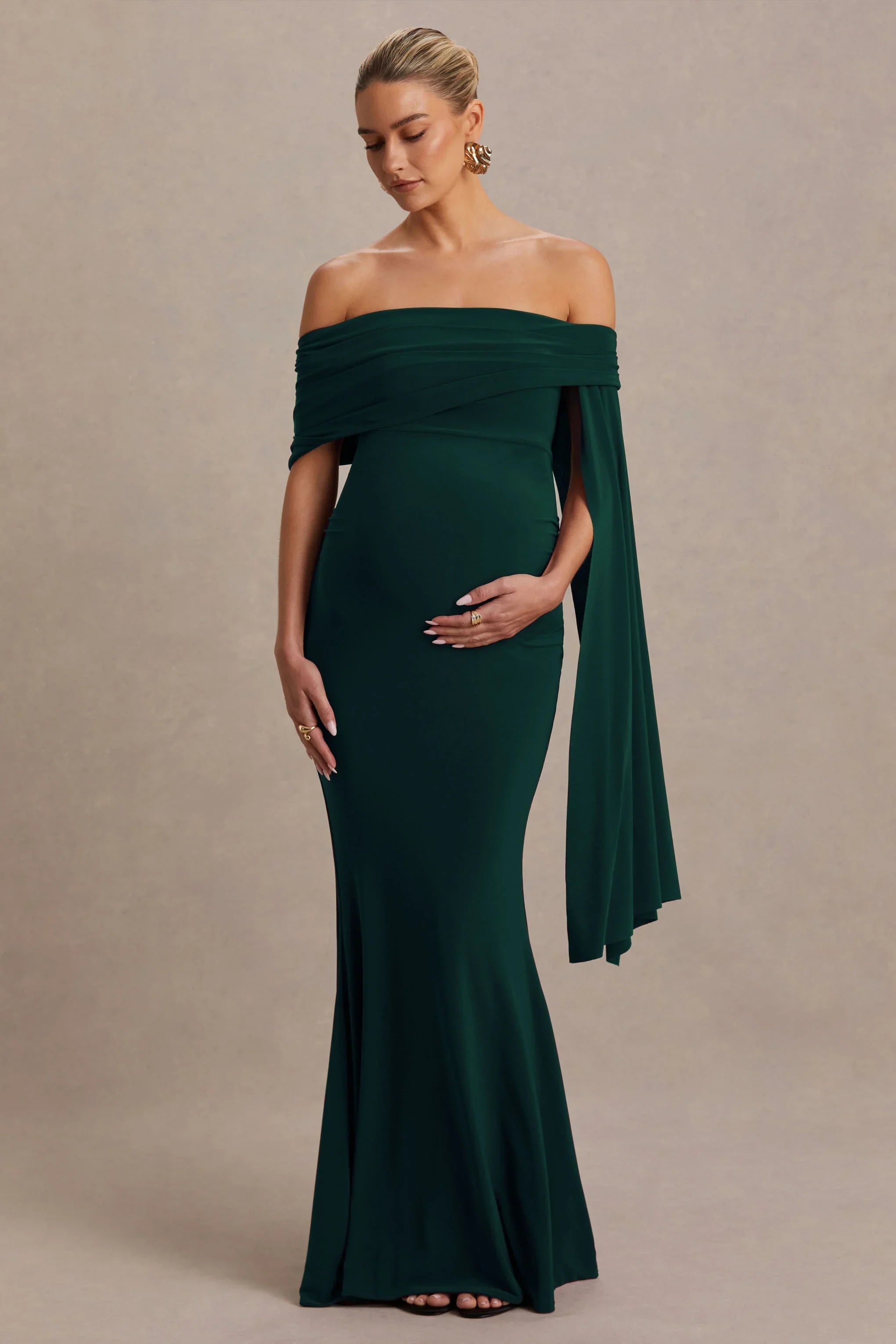 Aquila Bottle Green Bardot Maternity Maxi Dress With Draped Detail