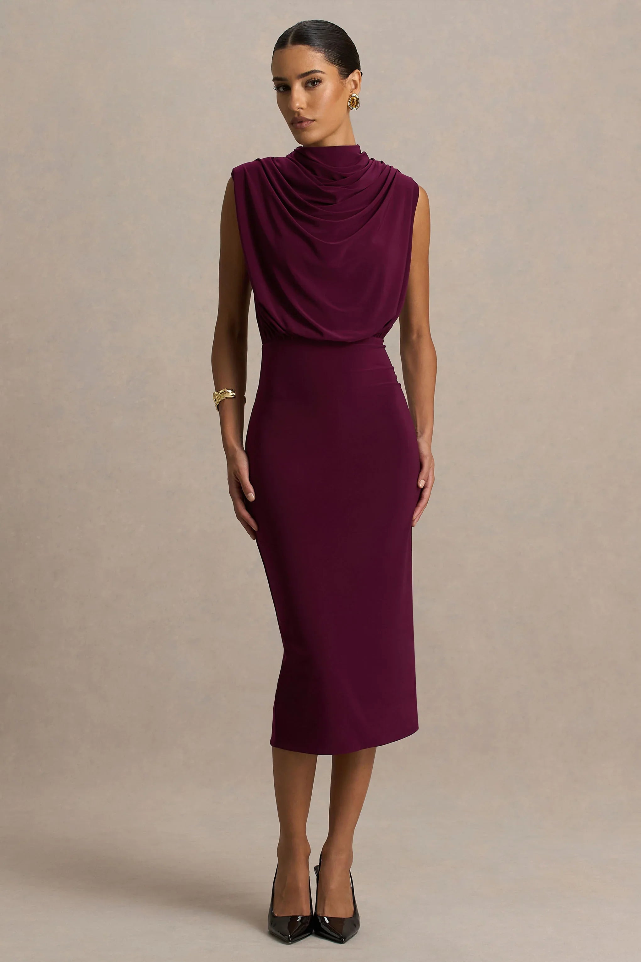 Hermia Burgundy High Neck Midi Dress