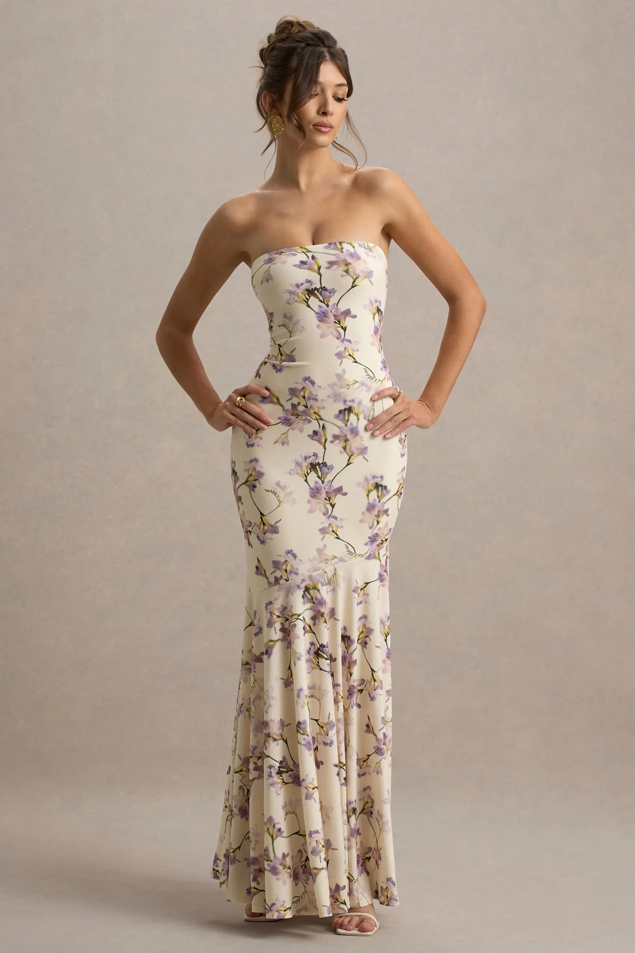 Callie Lemon Floral Print Bandeau Fishtail Maxi Dress