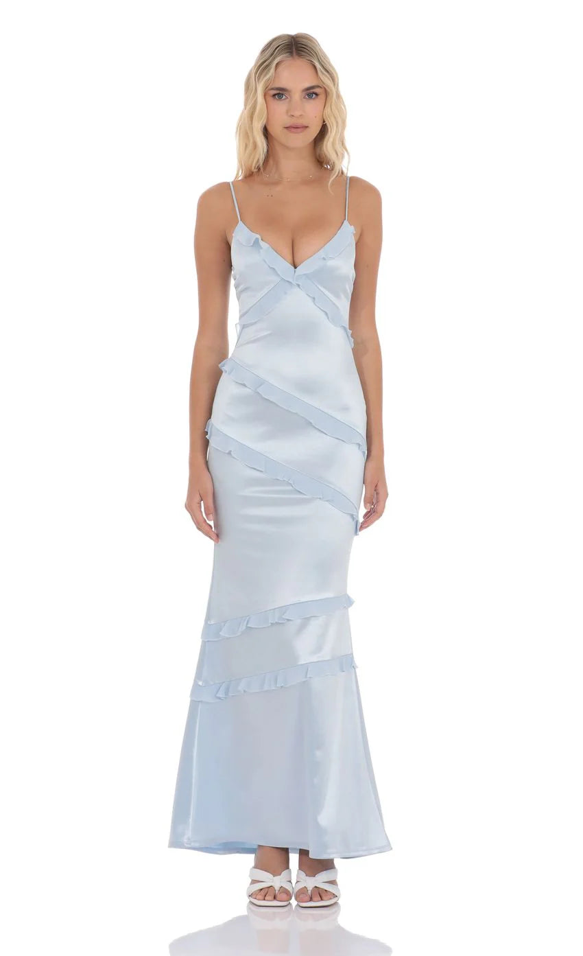 Satin V Neck Ruffle Mermaid Maxi Dress in Light Blue