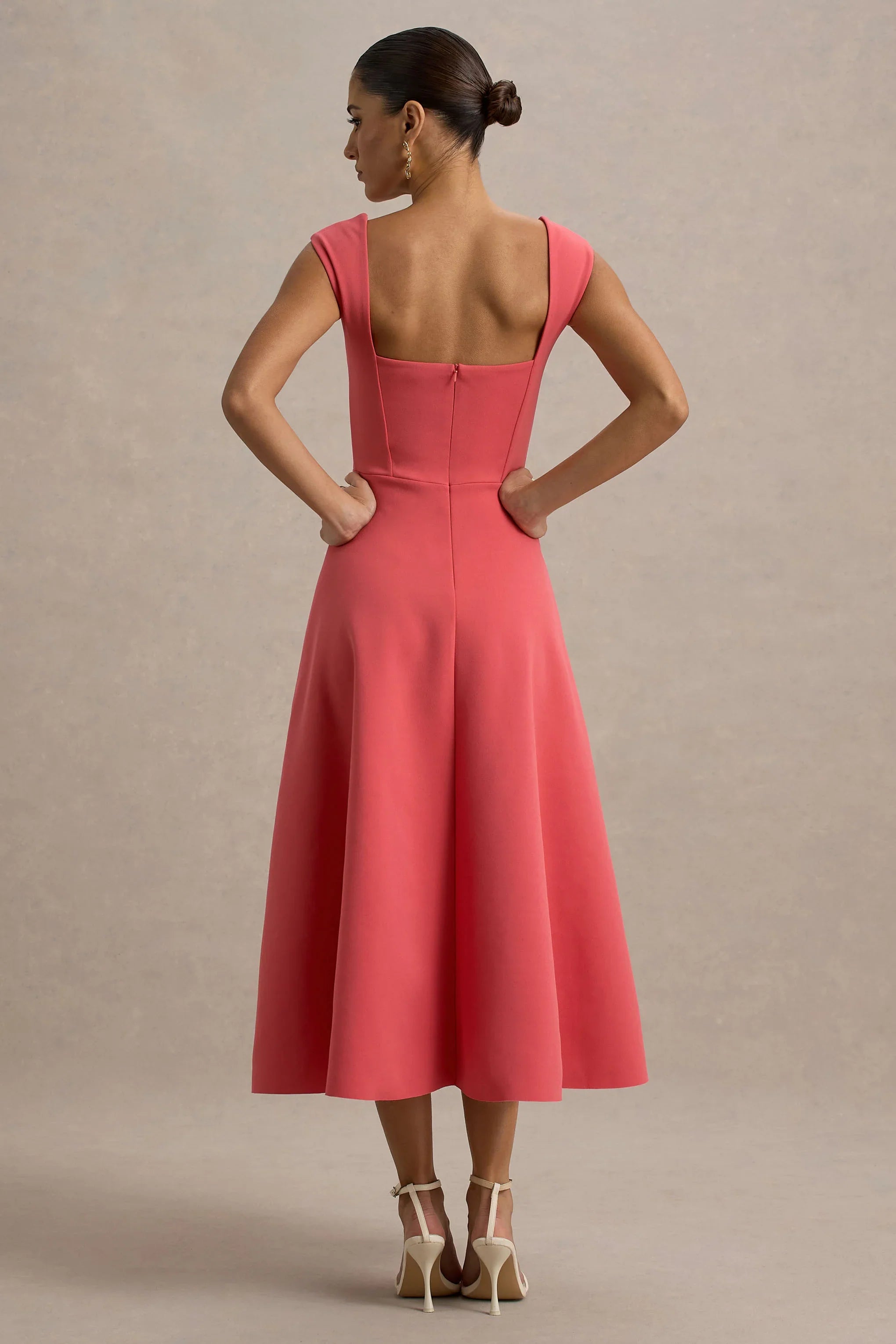 Andromeda Coral Sweetheart Neck Midi Dress