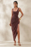 Jaylani Brown Scoop Neck Midi Dress With Draped Detailing
