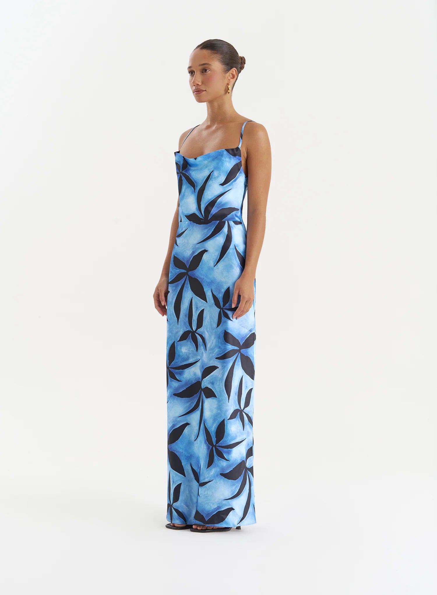 Blue Floral Print Satin Maxi Dress Monique