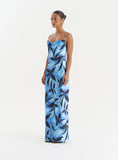 Blue Floral Print Satin Maxi Dress Monique