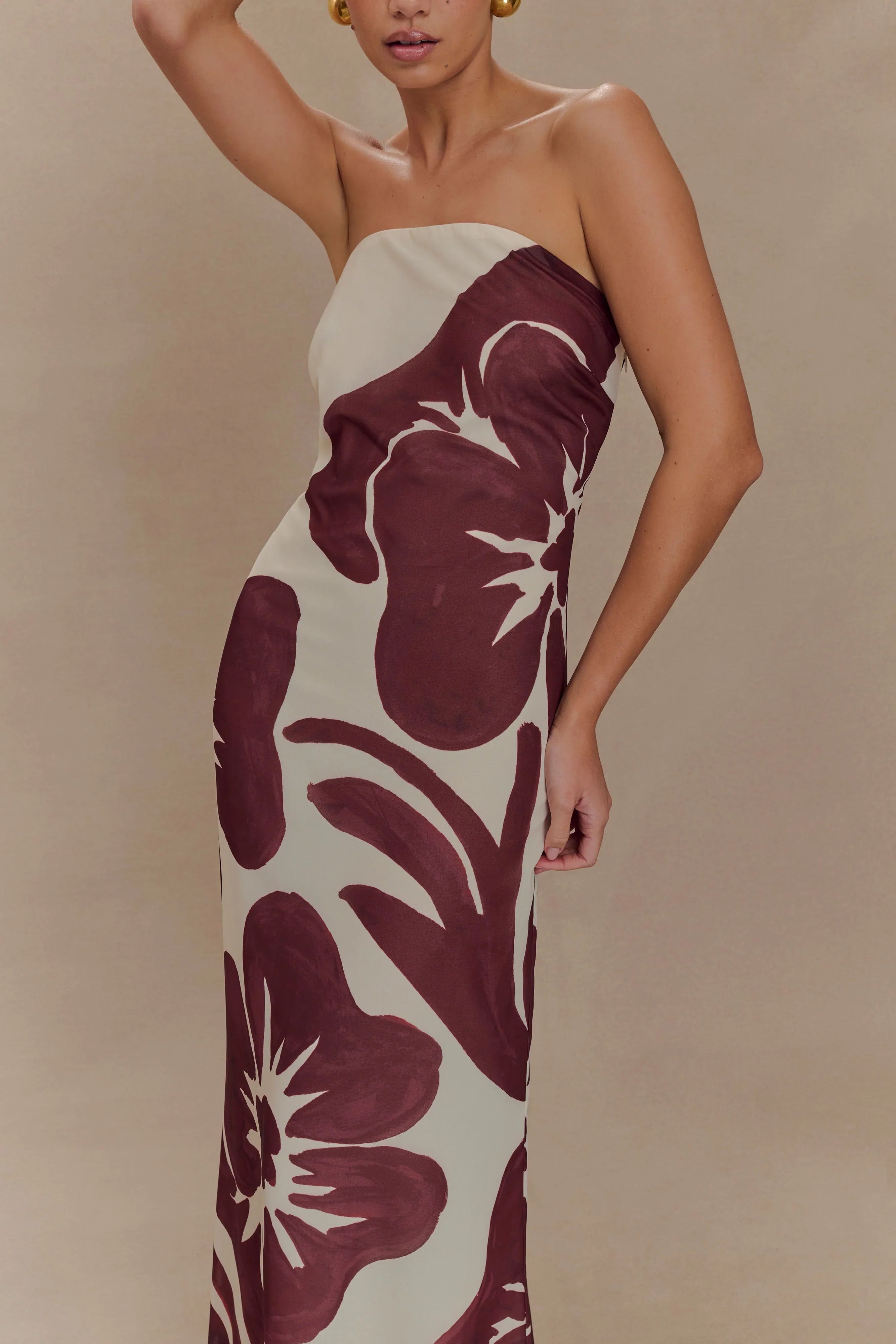 Amaya Strapless Chiffon Maxi Dress Brown Deco Fleur Print