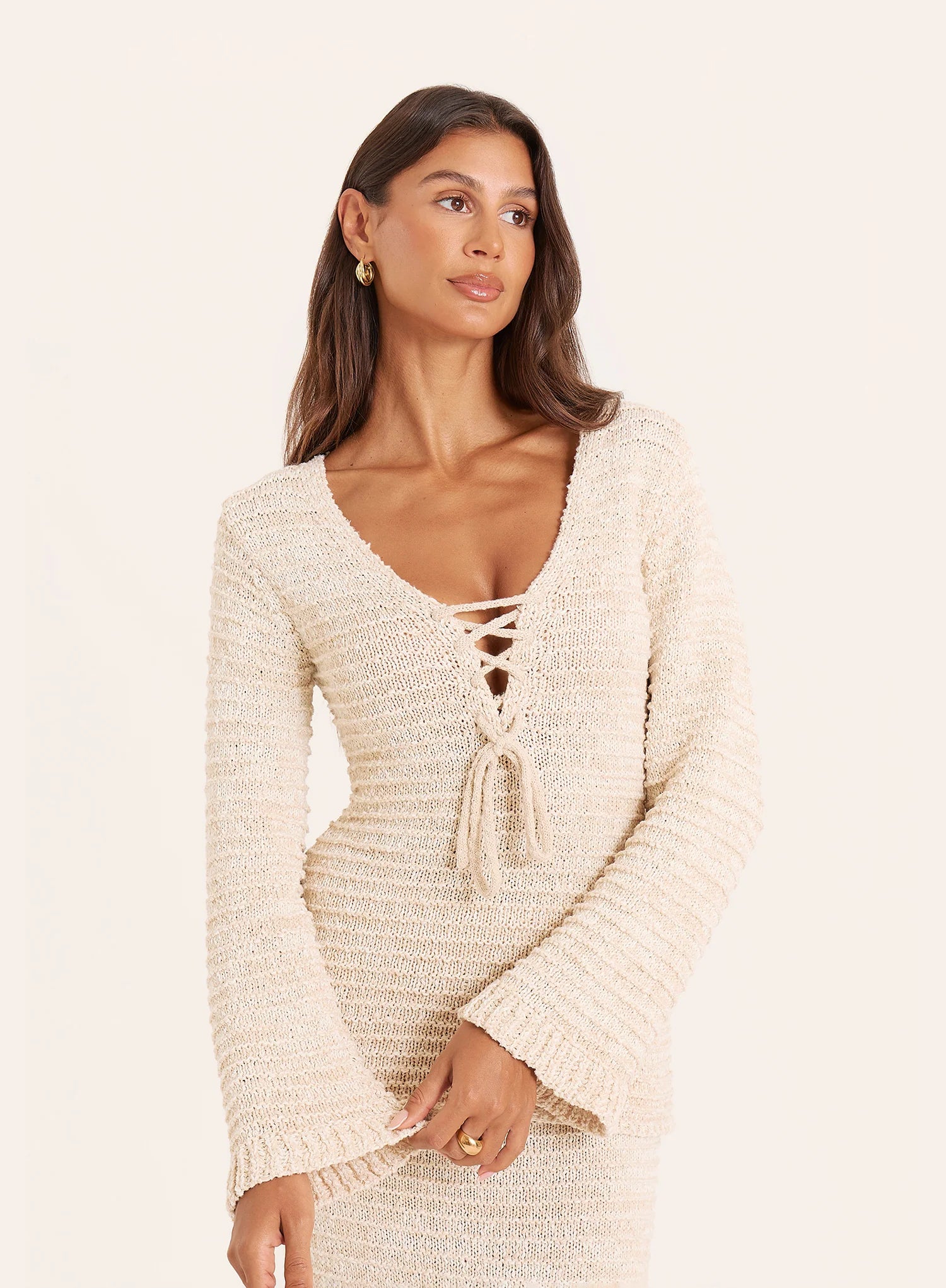 Beige Knitted Long Sleeve Tie Front Top
