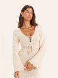 Beige Knitted Long Sleeve Tie Front Top
