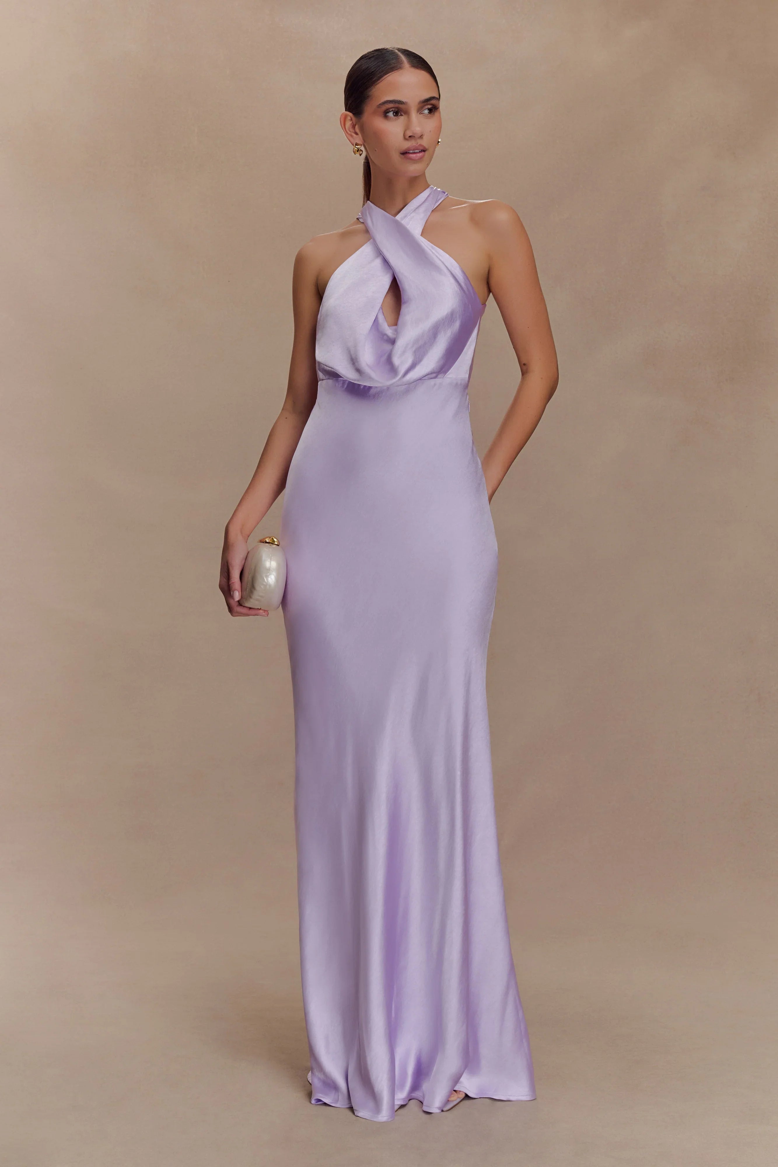 Phyllis Satin Halter Maxi Dress Lilac