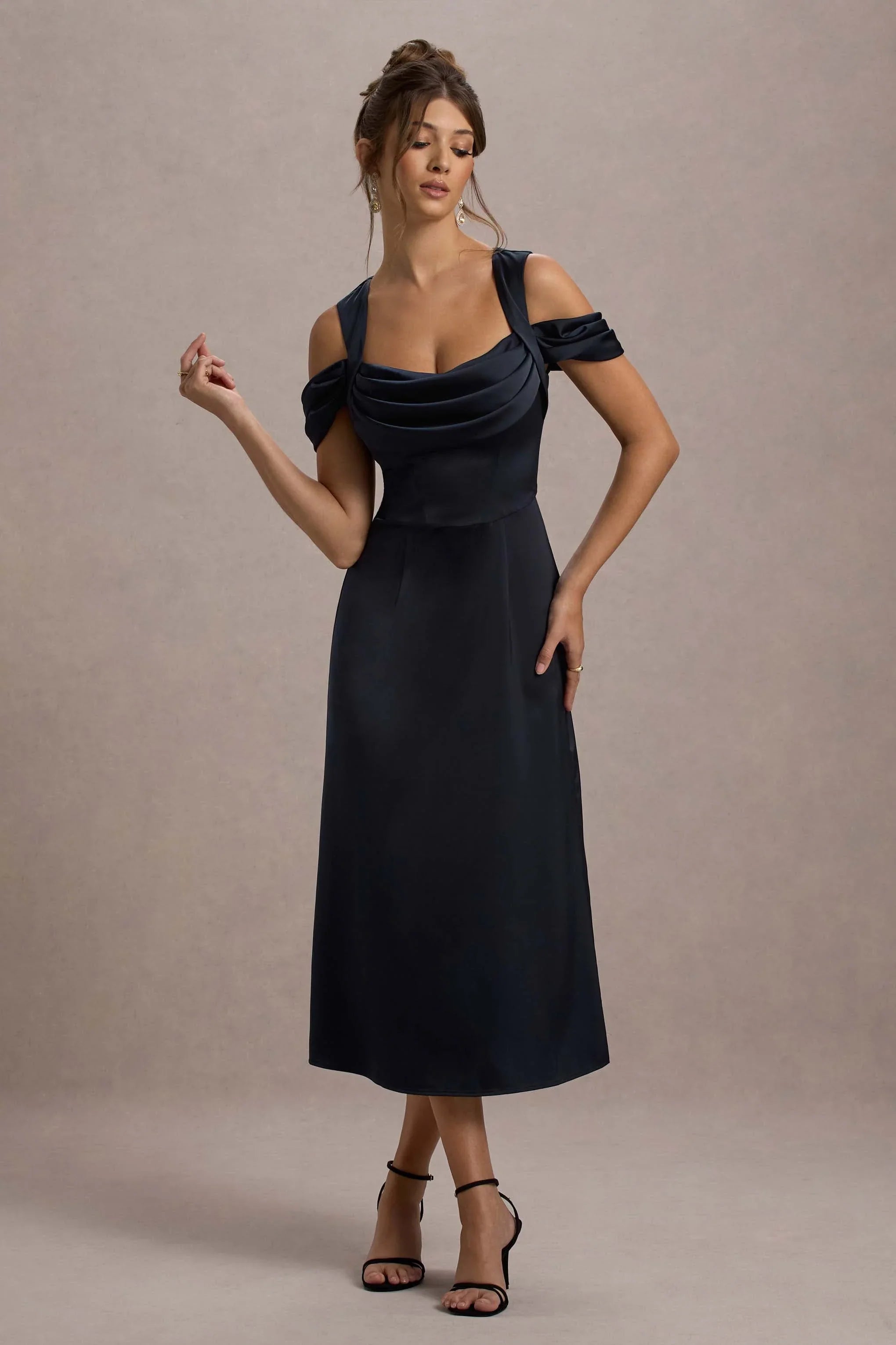 Sawyer Navy Satin Draped Midi Dress