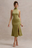 Violette Olive Satin High Neck Split Midi Dress