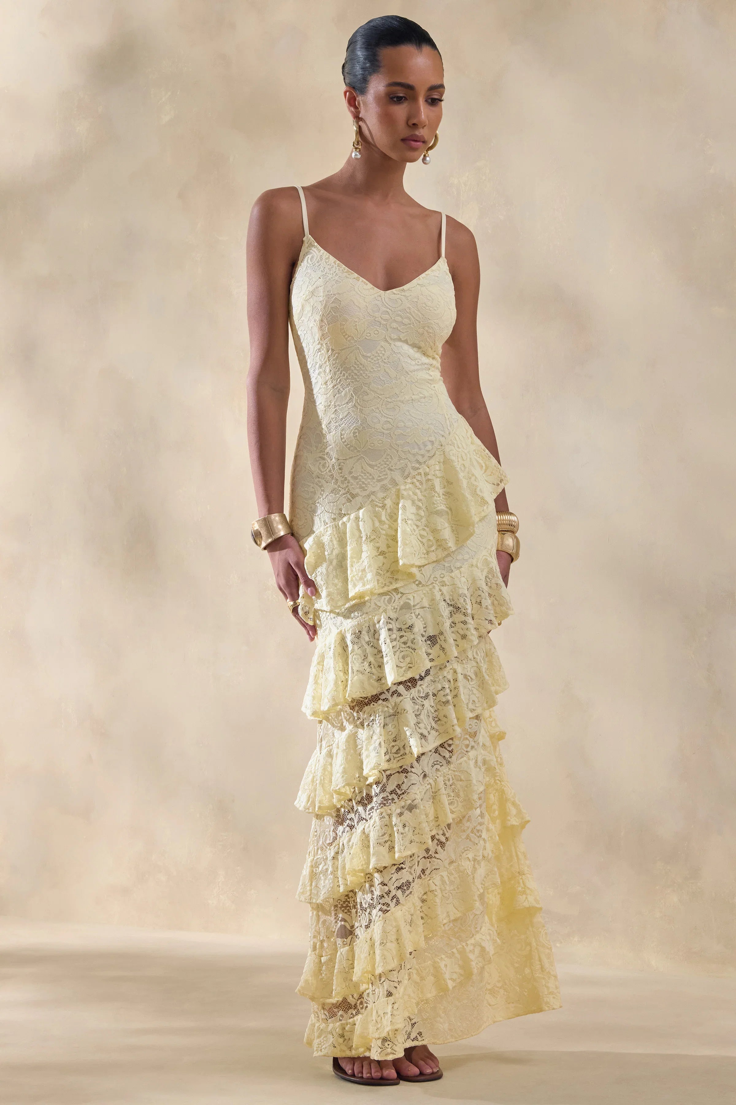 Avelisse Lemon Lace Plunge Neck Maxi Dress With Ruffled Detailing