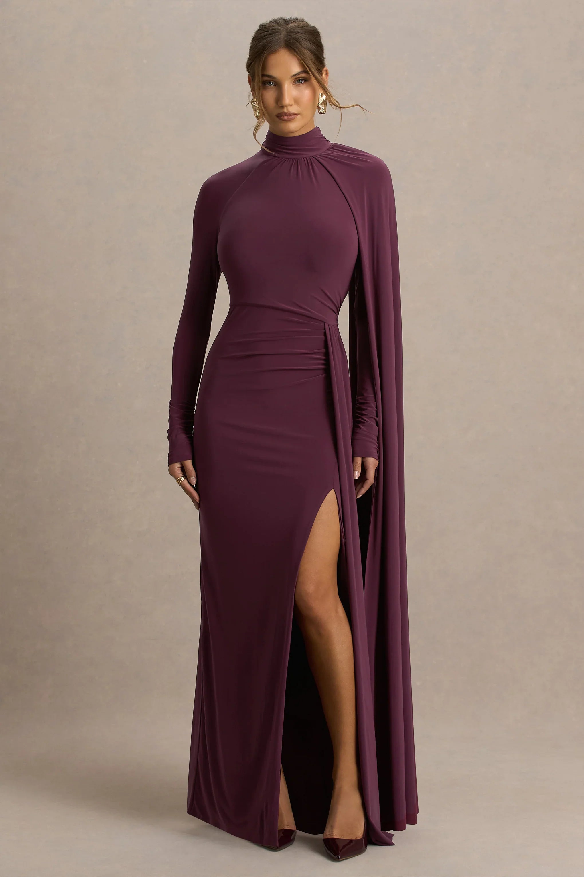 Anticipation Burgundy High Neck Maxi Dress With Front Split And Ruched Detailing