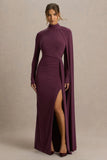 Anticipation Burgundy High Neck Maxi Dress With Front Split And Ruched Detailing