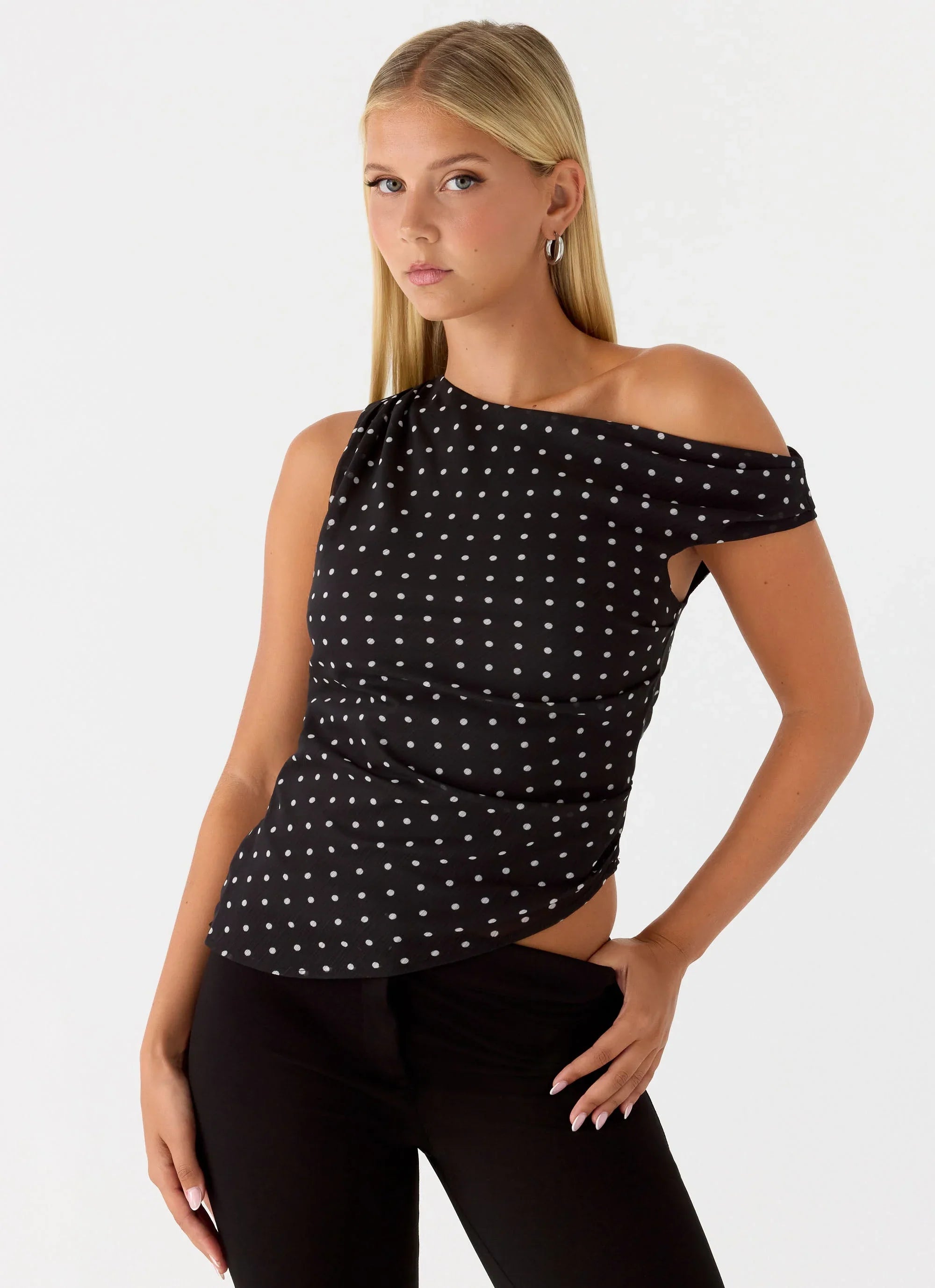 Stereotype One Shoulder Top Black Polkadot