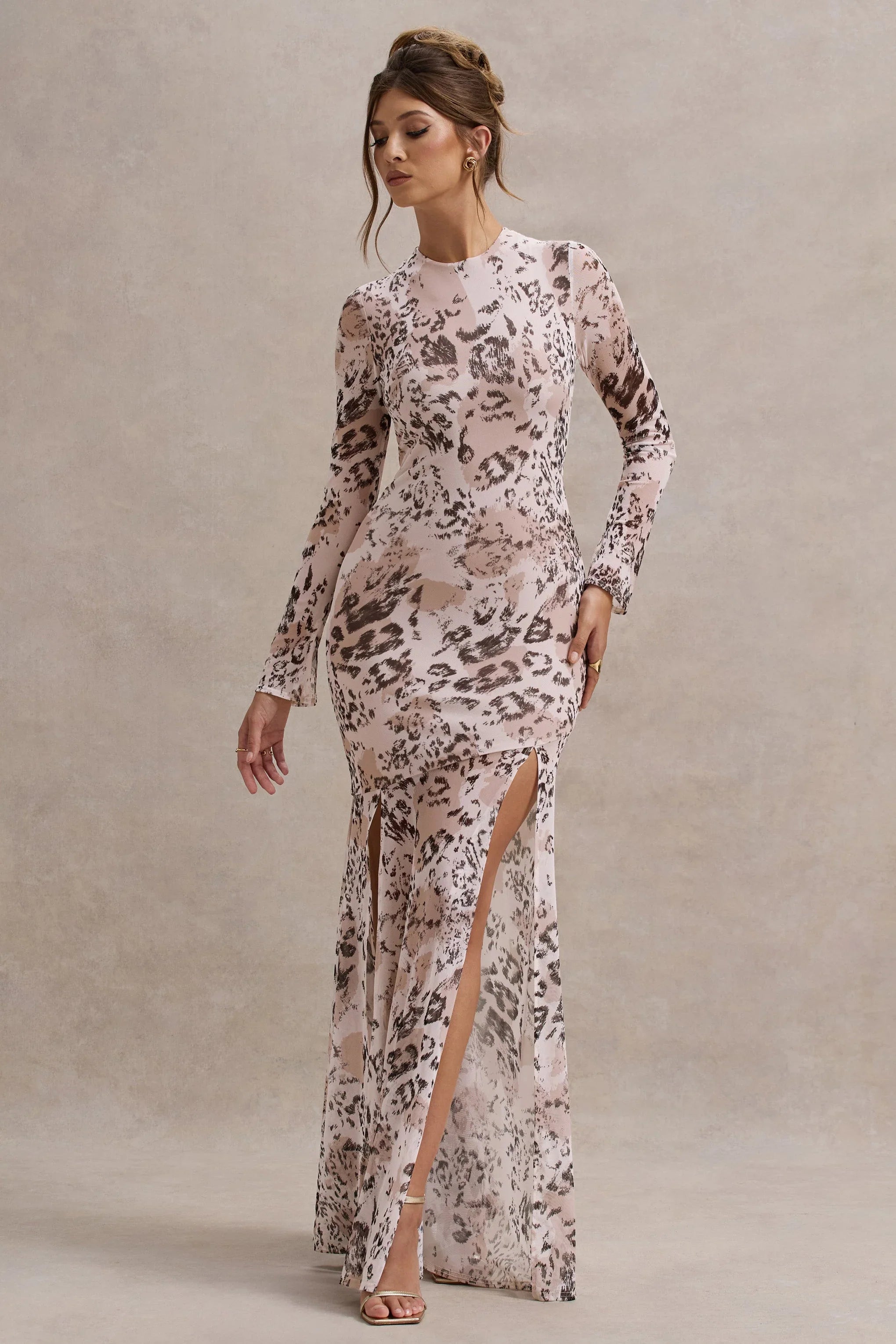 Tigerlily Leopard Print Mesh Long Sleeve Open Back Maxi Dress