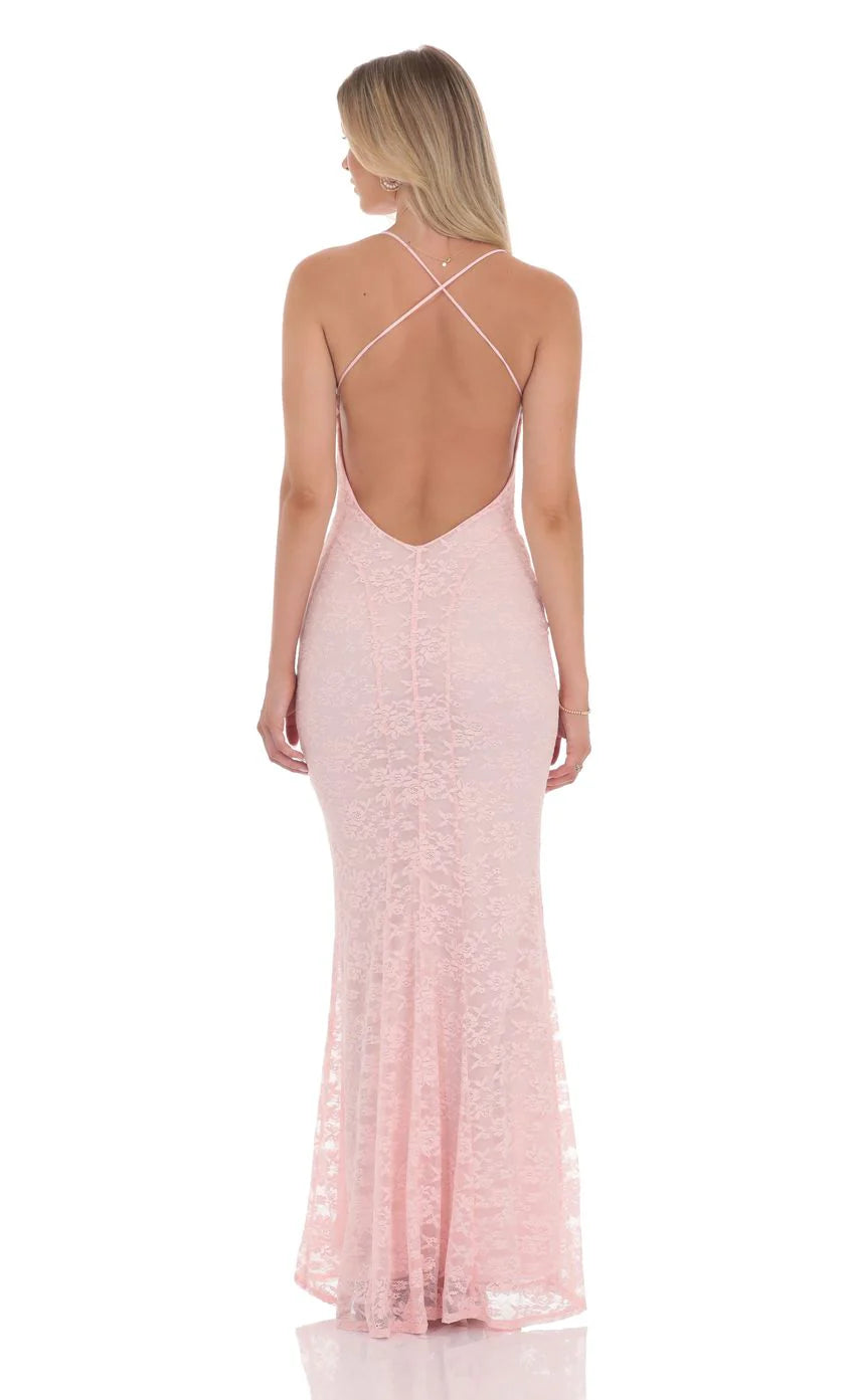Lace V Neck Mermaid Dress in Pink