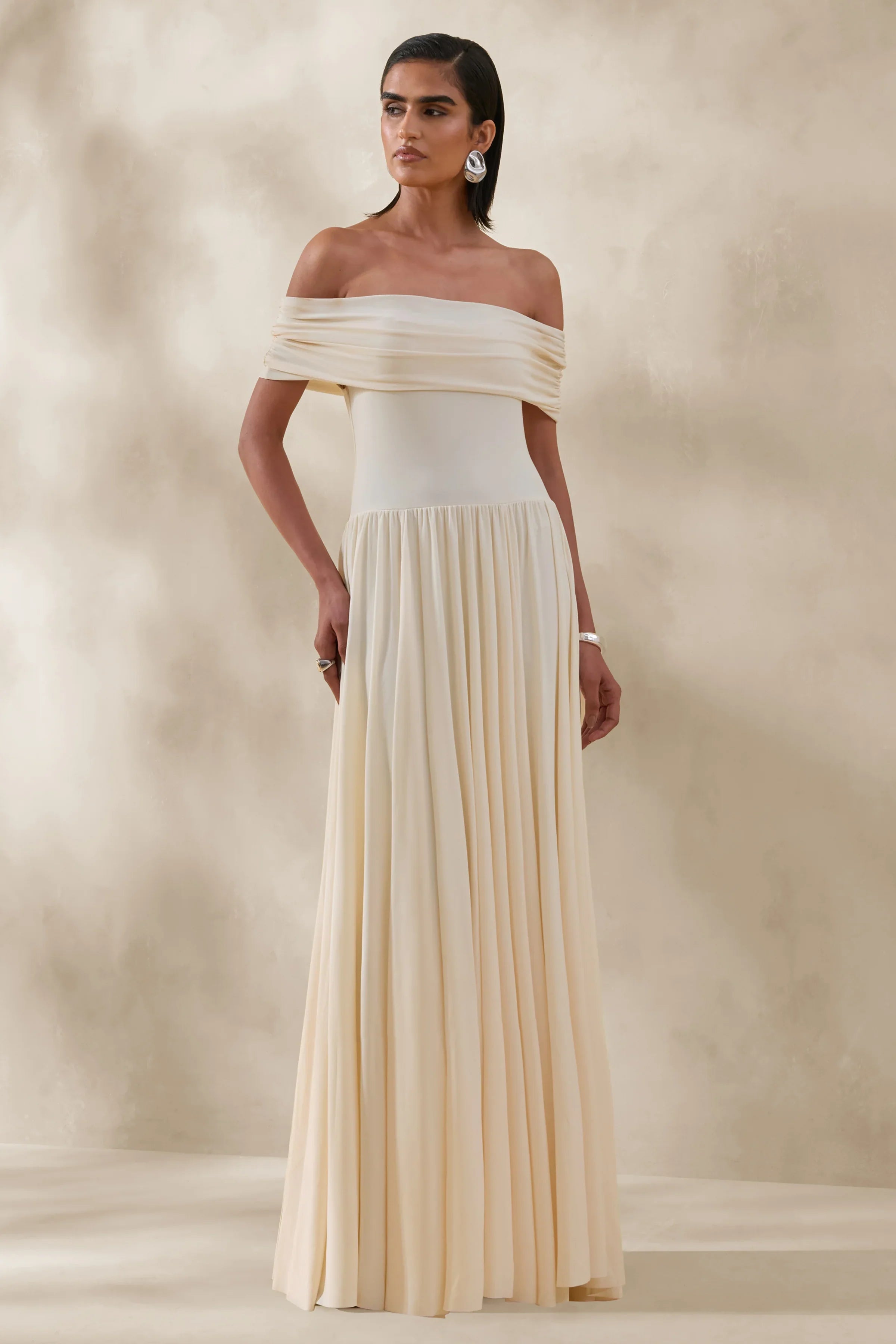 Cindie Cream Bardot Neck Maxi Dress
