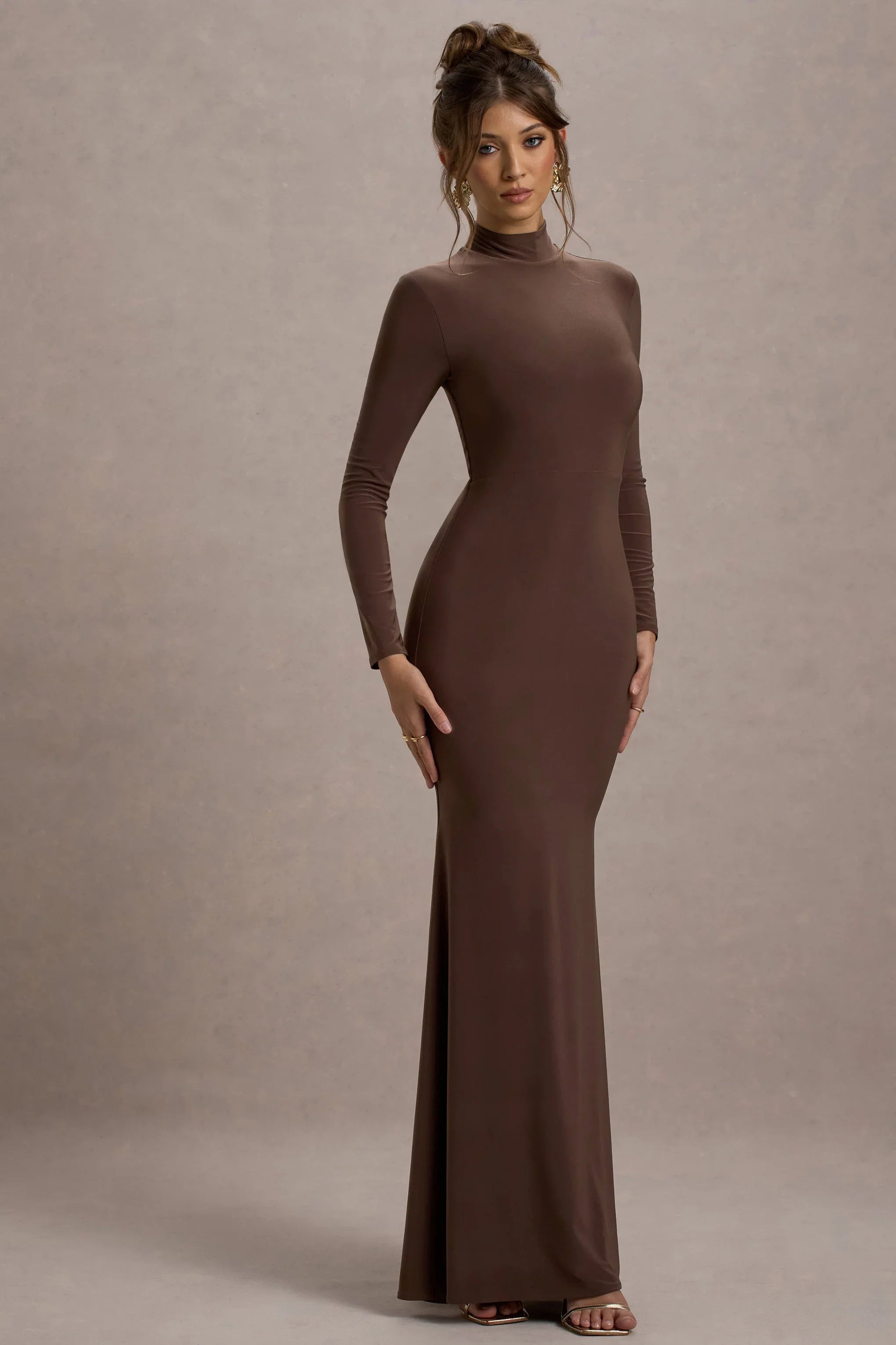 Tova Chocolate High Neck Long Sleeve Maxi Dress