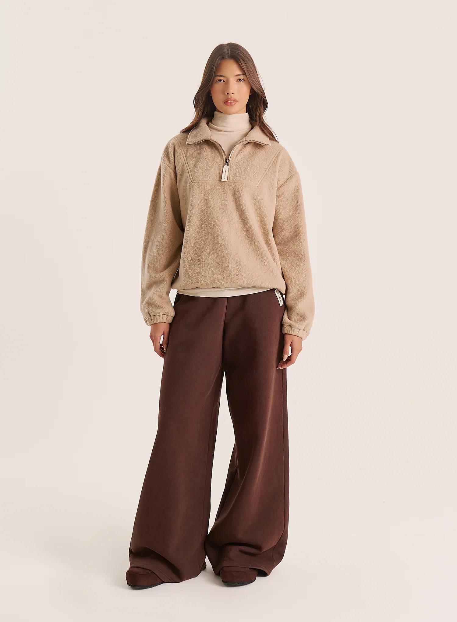 Beige Fleece Toggle Hem Collared Zip Sweatshirt