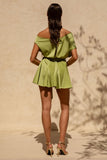 Clydie Olive Satin Asymmetric Playsuit With Tie Waist