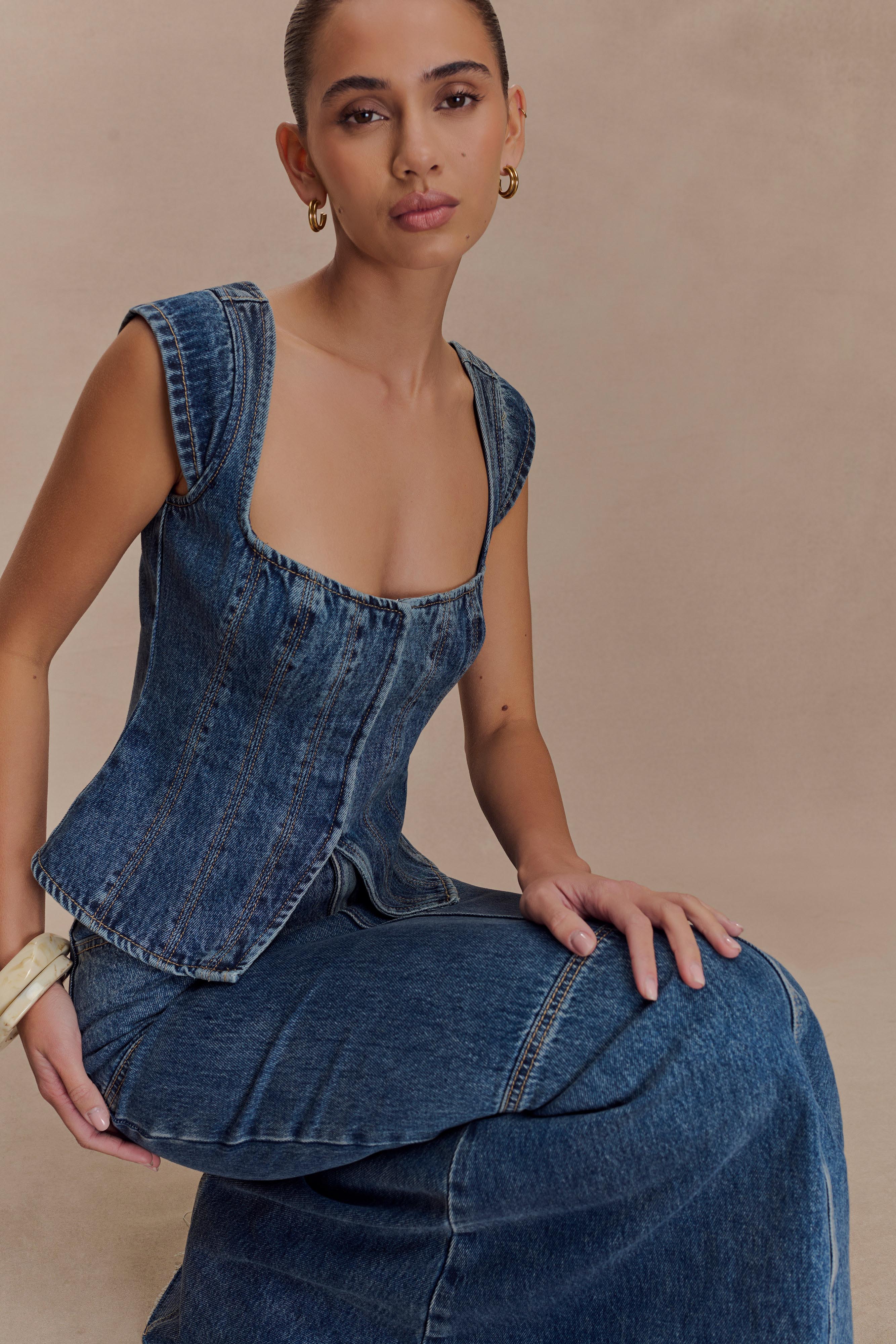 Loretta Cap Sleeve Denim Top Washed Dark Blue