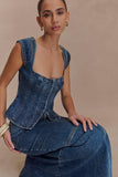 Loretta Cap Sleeve Denim Top Washed Dark Blue