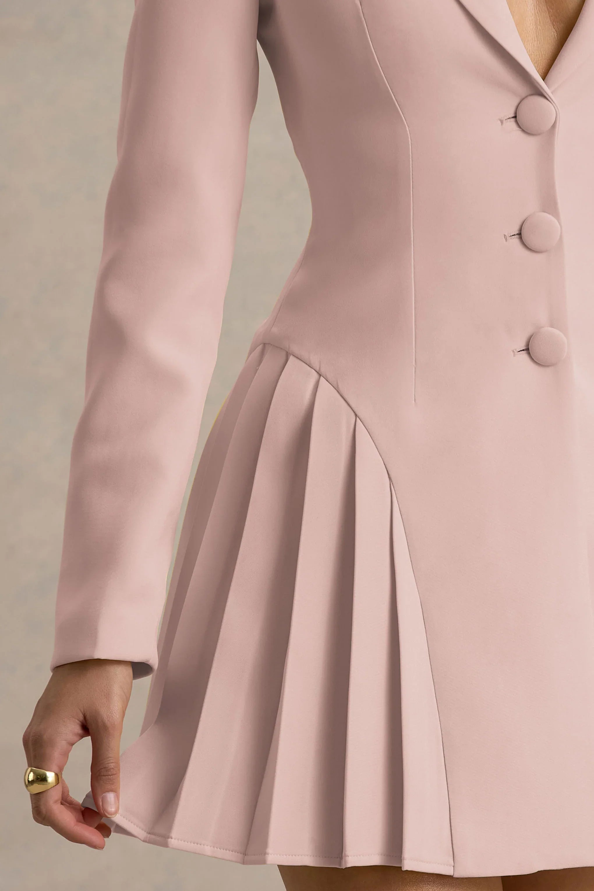 Blossoming Baby Pink Plunge Neck Tailored Mini Dress With Pleating