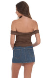 Ruffle Lace Off Shoulder Top in Brown