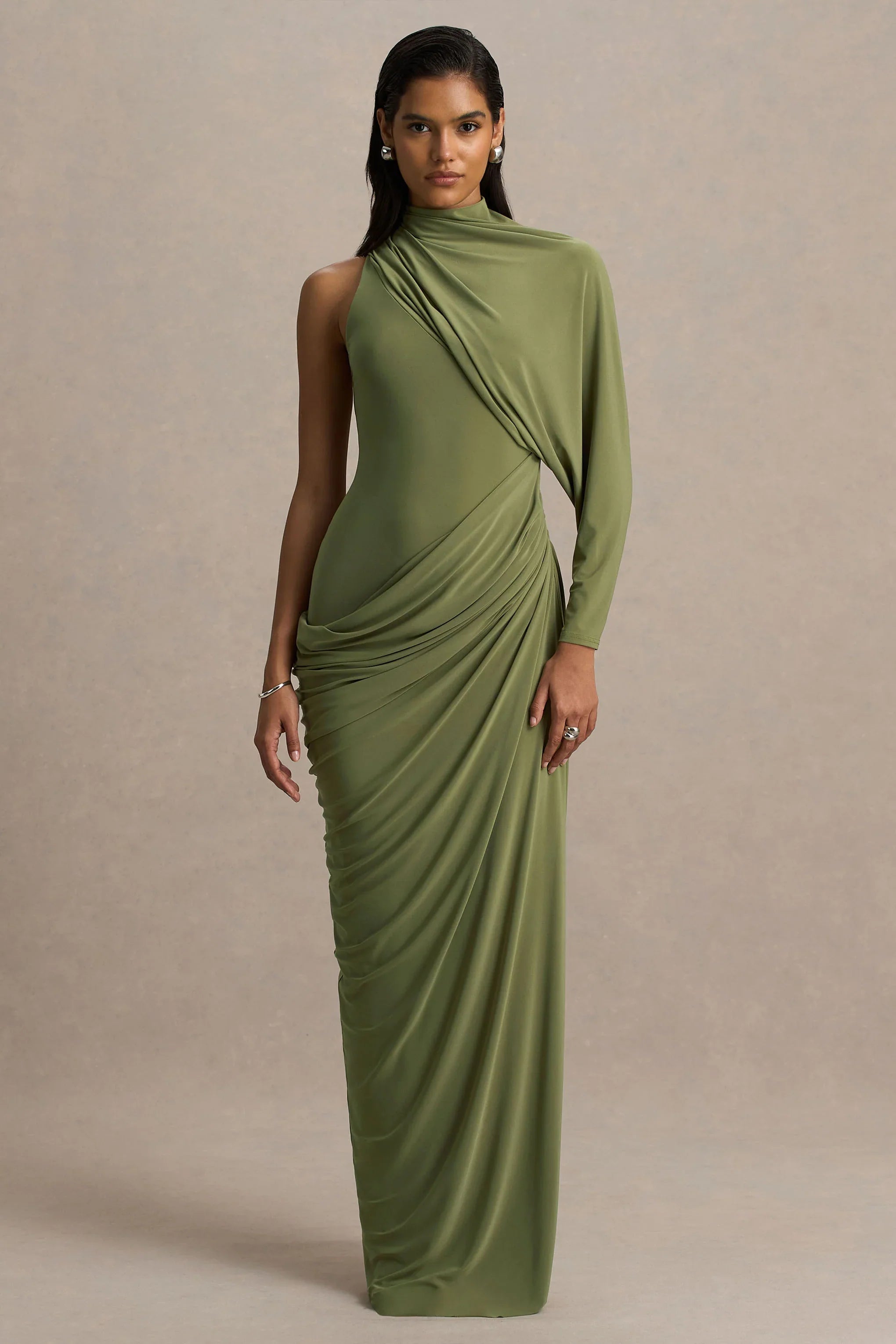 Aphra Green High Neck Maxi Dress With Cape Sleeve